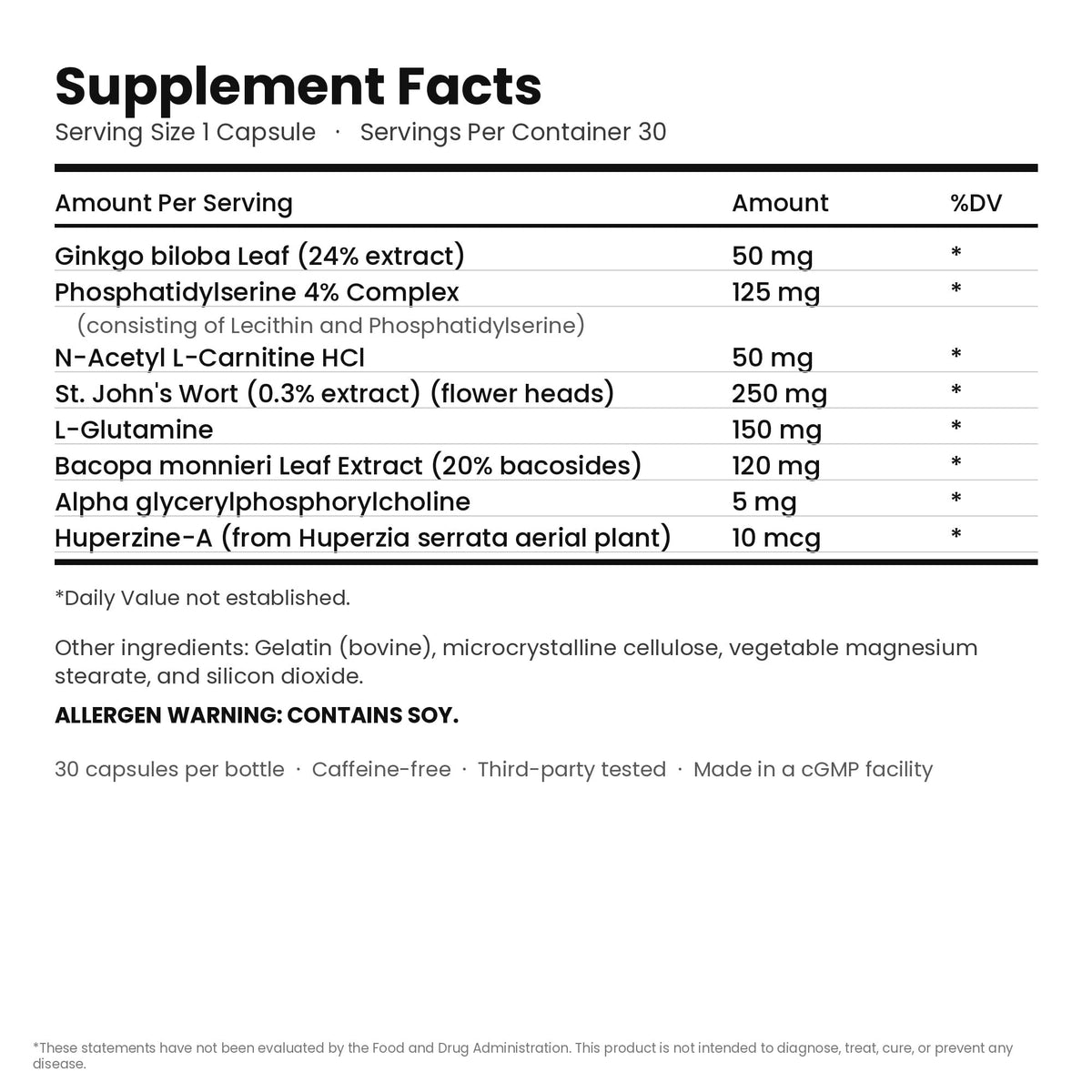 3D Brain Neuro Matrix Supplement Facts — 30 capsules per bottle, one capsule serving, full ingredient panel with amounts
