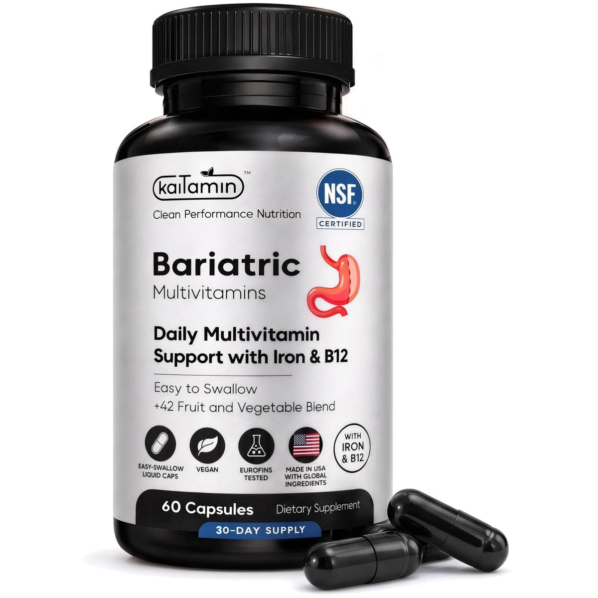 Kaitamin Daily Multivitamin with Iron & B12 — 60 easy-swallow liquid capsules, 30-day supply