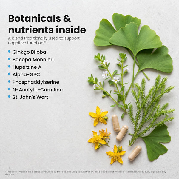 Brain Neuro Matrix botanicals and nutrients inside — Ginkgo biloba, Bacopa monnieri, Huperzine A, Alpha-GPC, Phosphatidylserine, N-Acetyl L-Carnitine and St John's Wort