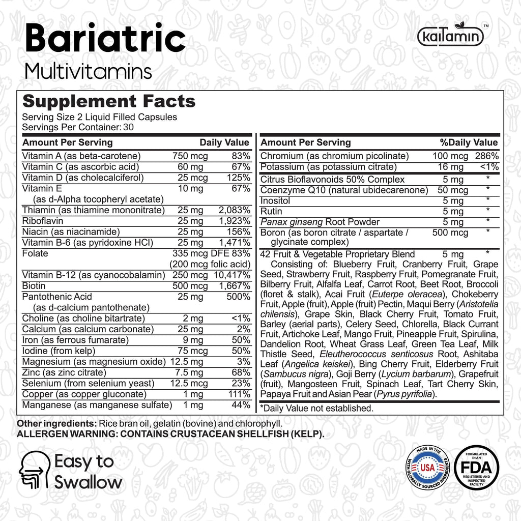 Supplement Facts panel — serving size 2 liquid filled capsules, 30 servings per container, 23 vitamins and minerals
