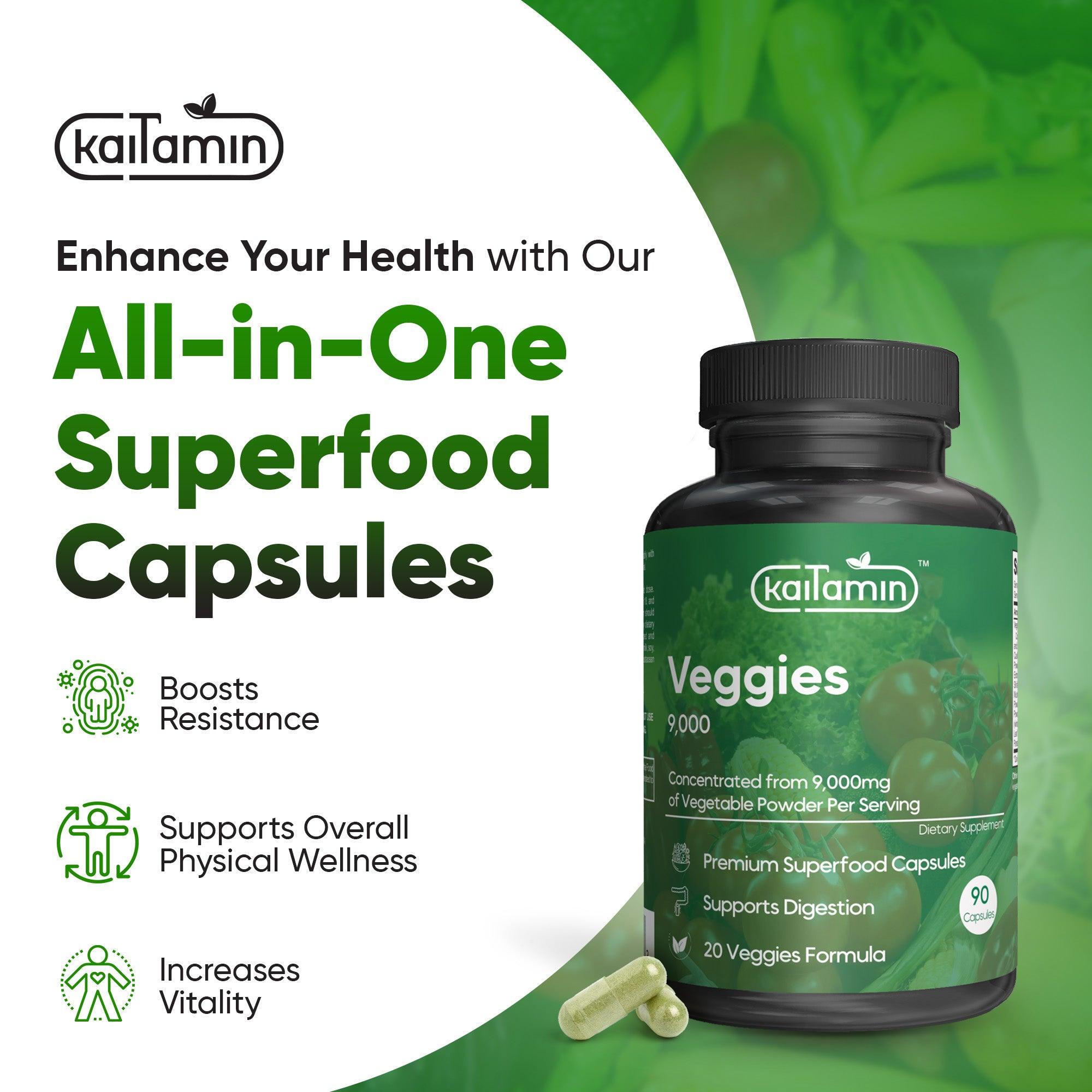 Veggies 9000 - All-in-One Vegetable Supplement - 90 Capsules - Kaitamin