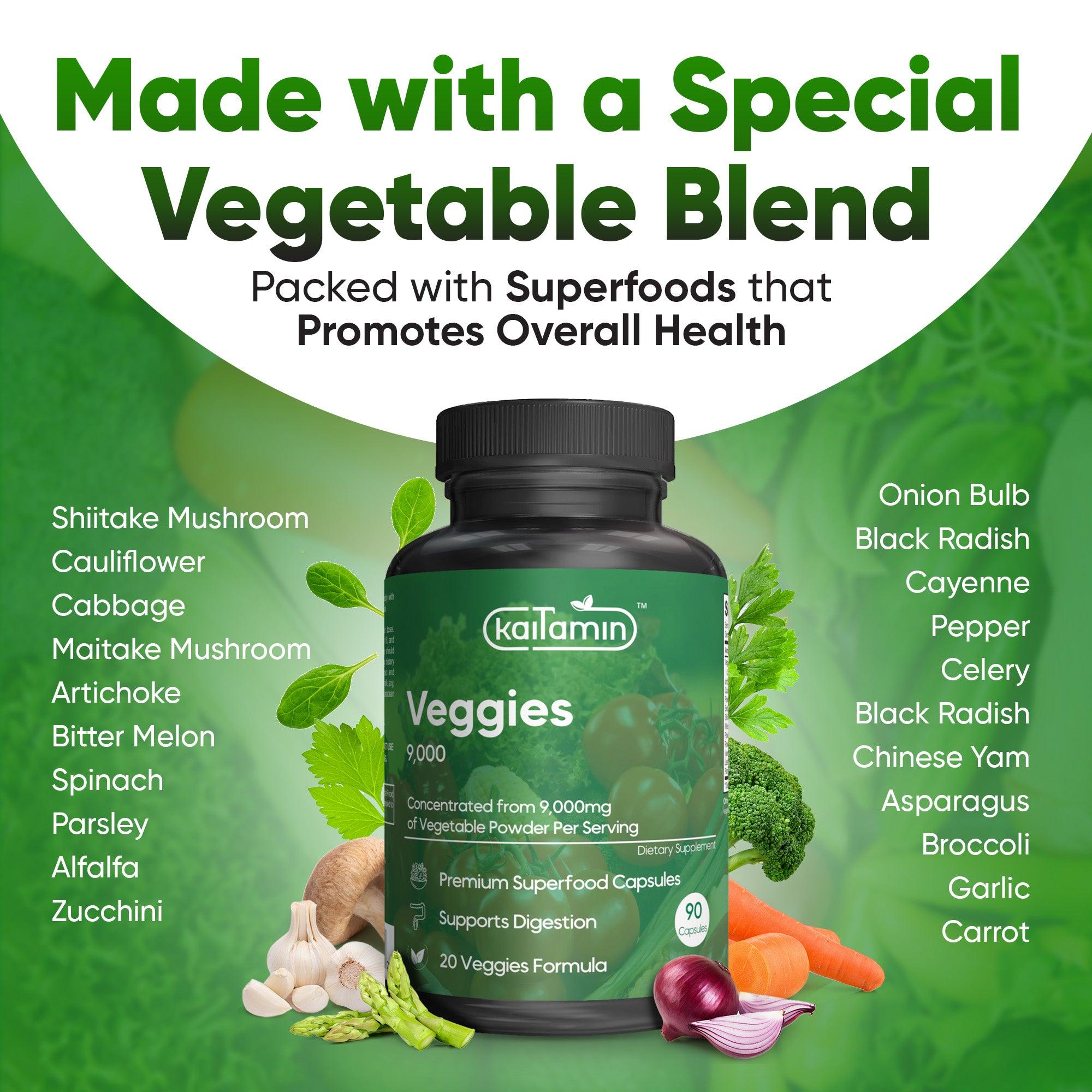 Veggies 9000 - All-in-One Vegetable Supplement - 90 Capsules - Kaitamin