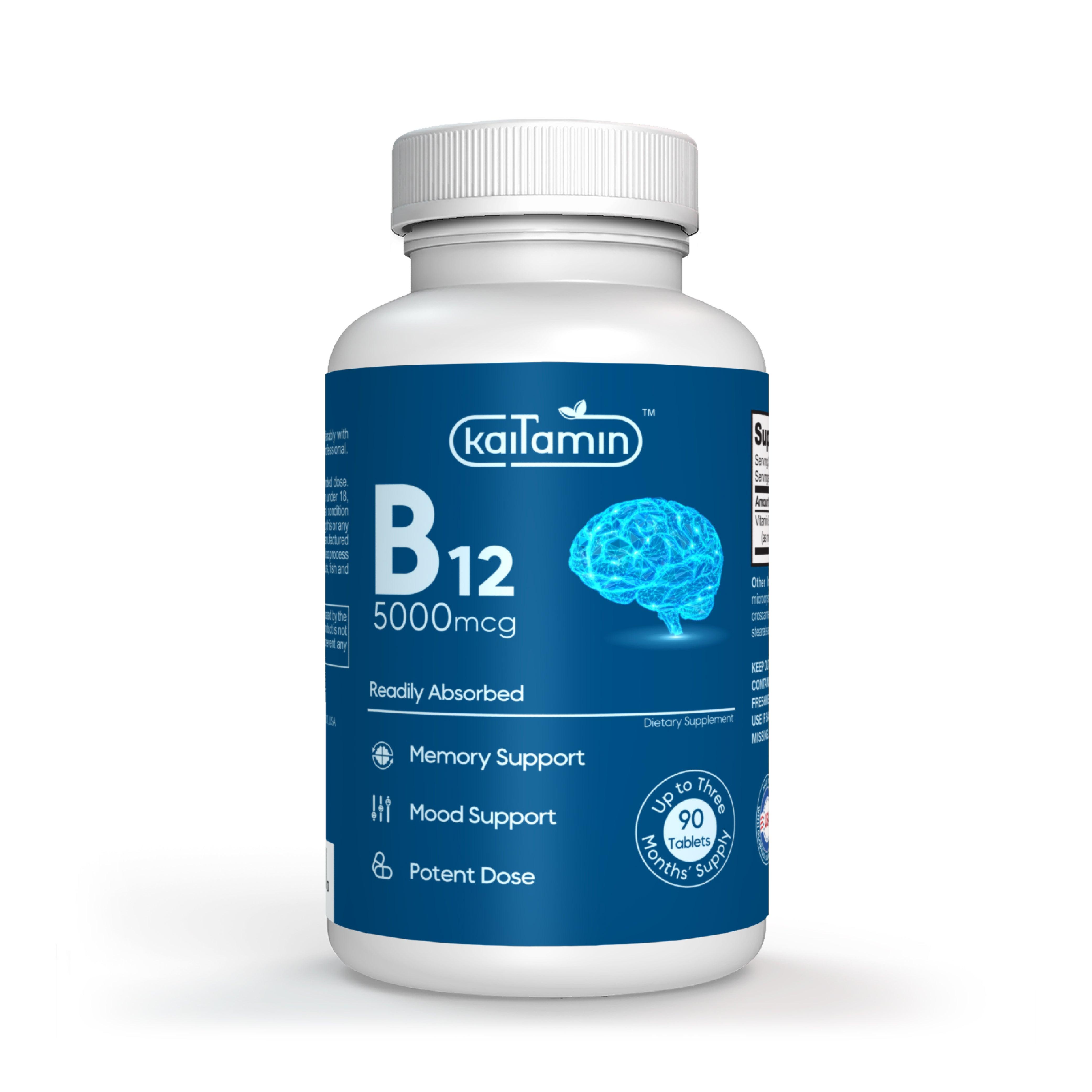 B12 5000mcg - Methylcobalamin for Memory, Mood and Energy - 90 Tablets - Kaitamin