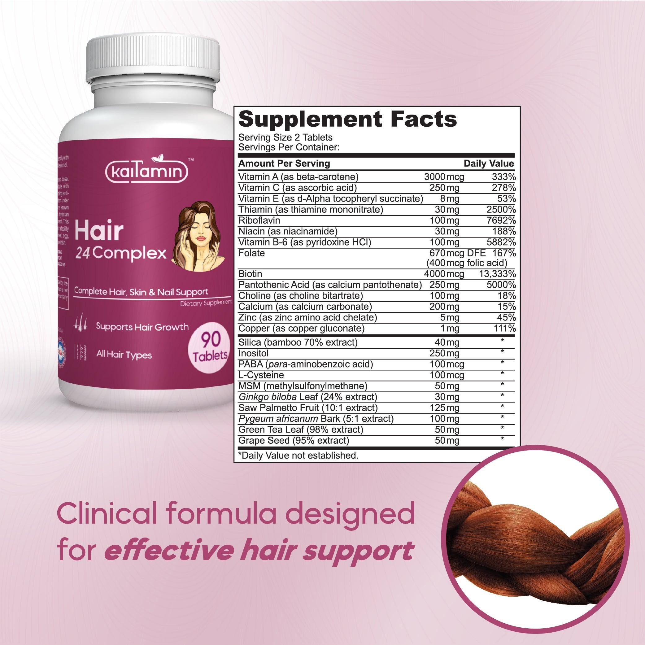 Hair 24 complex - Hair Supporting Supplement with Biotin - 90 Tablets - Kaitamin