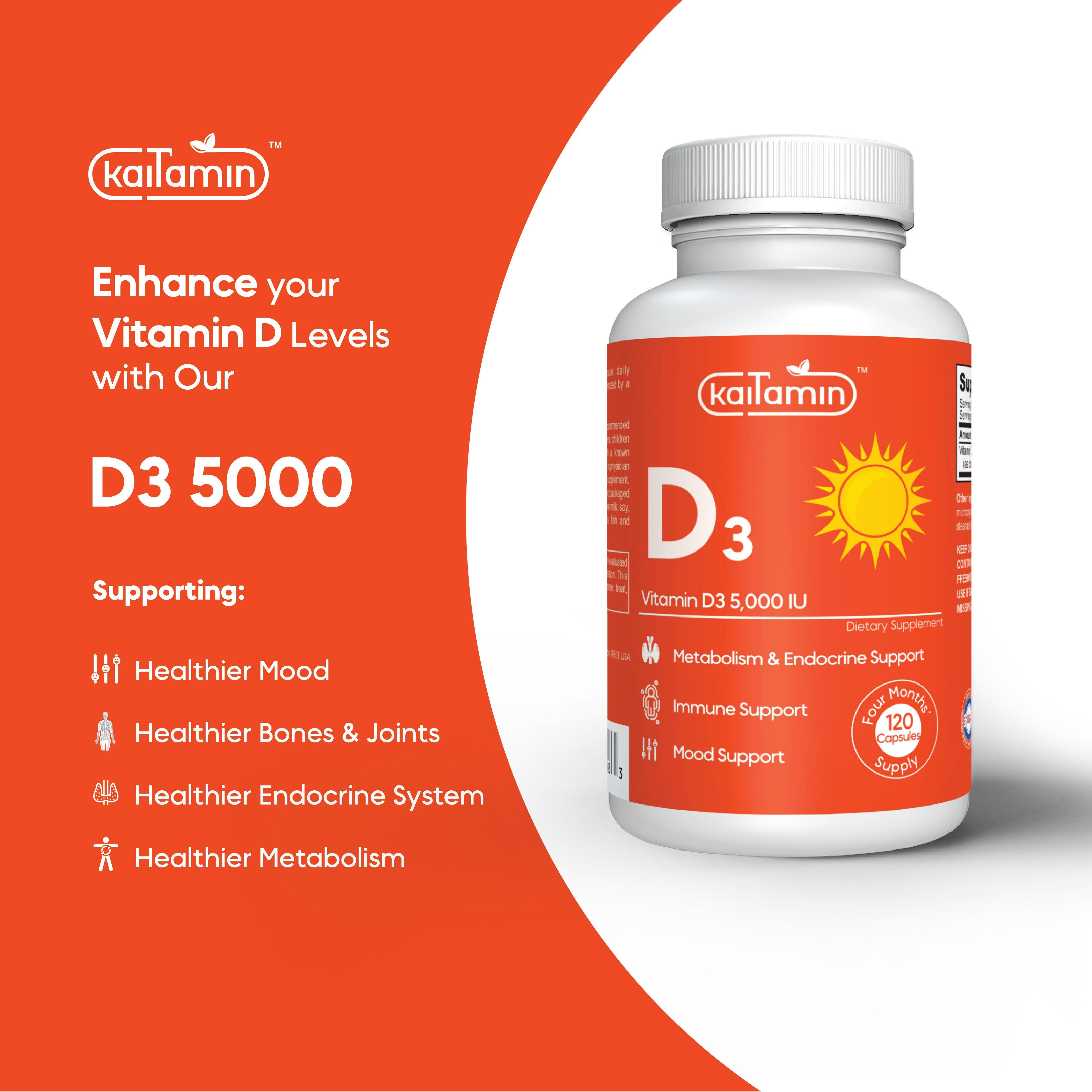 Vitamin D 5000IU - For Bone Health Support - 120 Capsules - Kaitamin