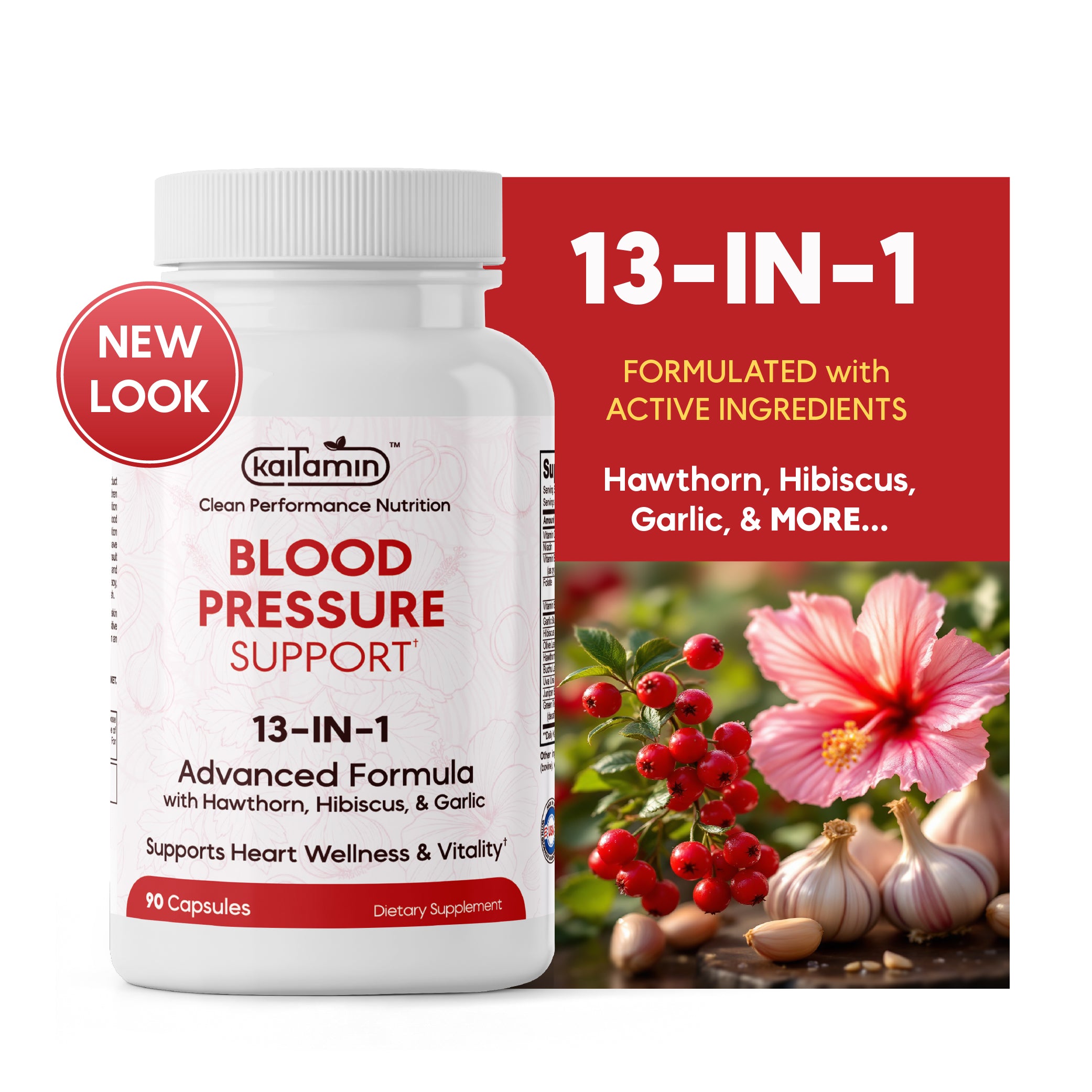 Kaitamin Blood Pressure Support — 13-in-1 advanced formula with hawthorn, hibiscus and garlic, 90 capsules