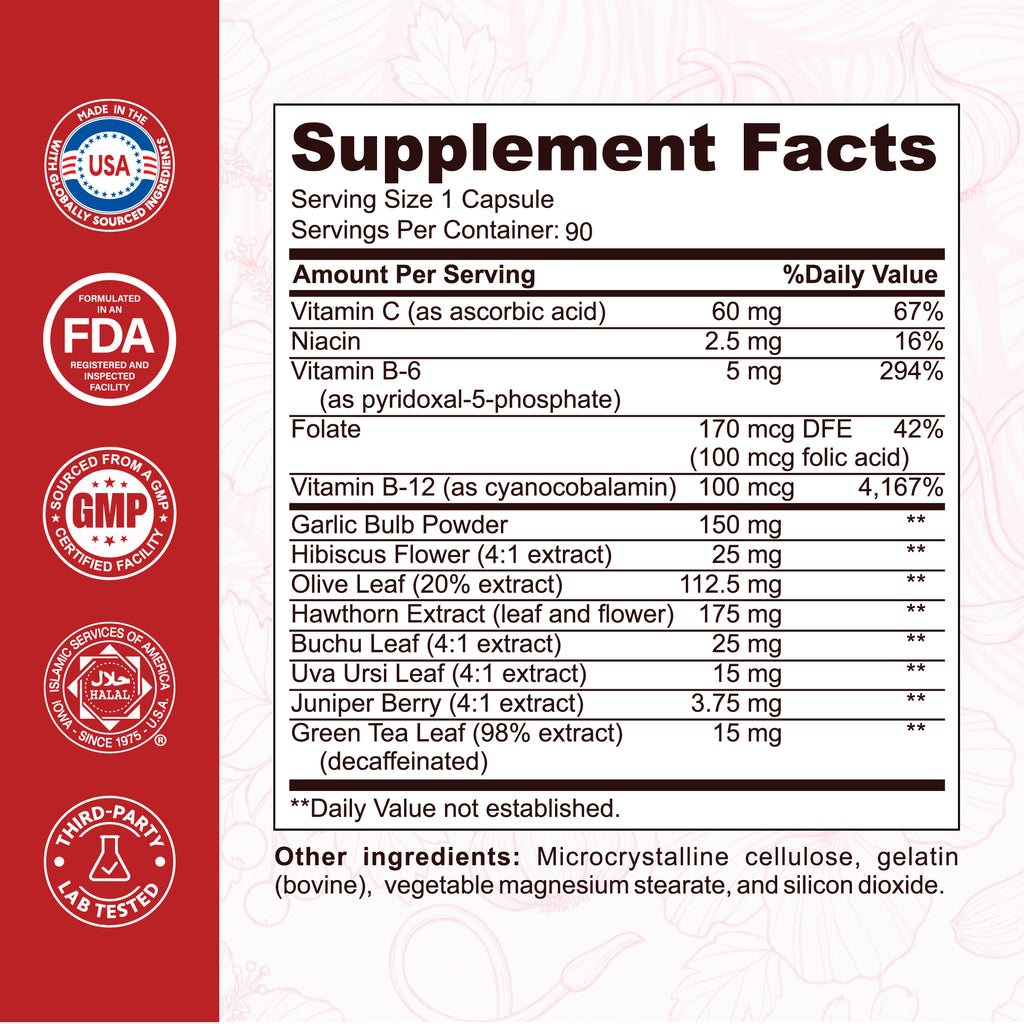 Blood Pressure Support Supplement Facts — 1 capsule per serving, 90 servings
