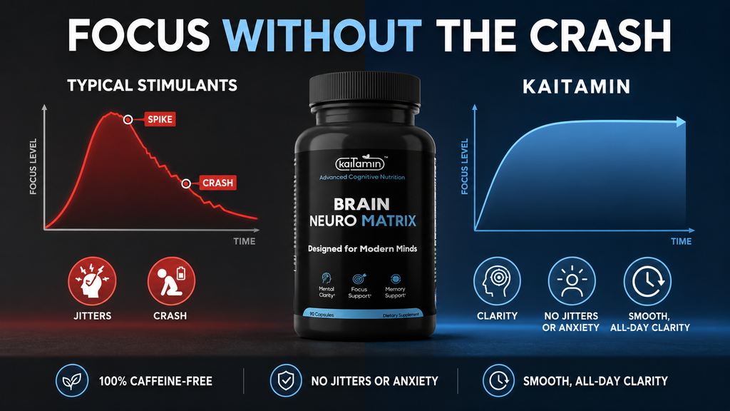 Focus without the crash — Kaitamin vs typical stimulants, caffeine-free all-day clarity