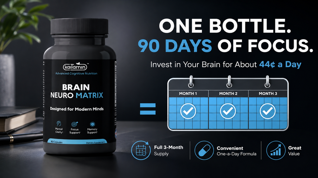 One bottle, 90 days of focus — about 44 cents a day, full 3-month supply