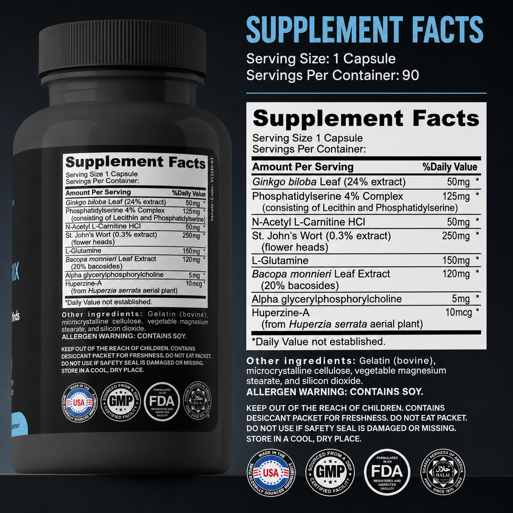 Brain Neuro Matrix Supplement Facts — full ingredient panel with doses