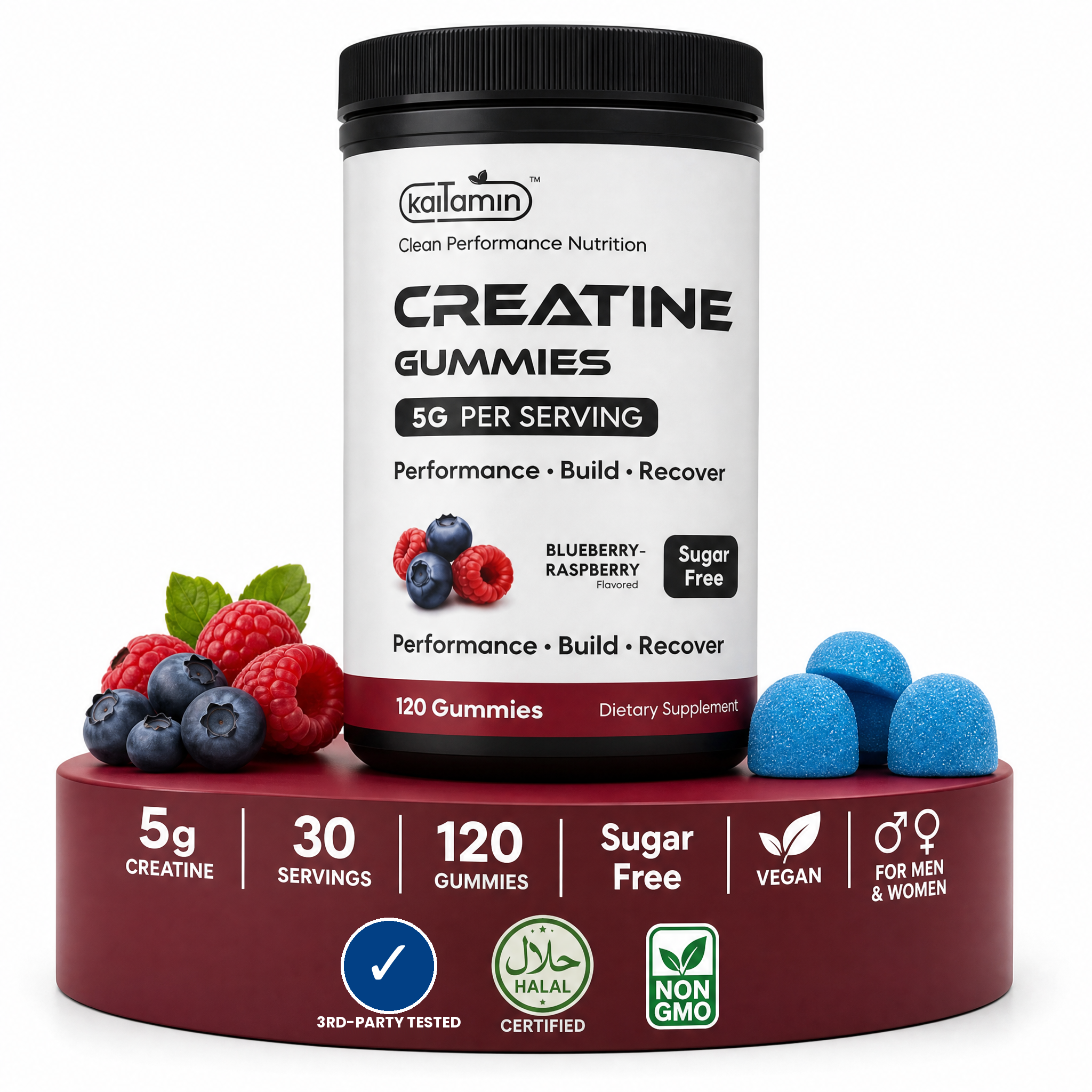 Kaitamin Creatine Gummies — 5g creatine monohydrate per serving, sugar-free blueberry-raspberry, 120 gummies