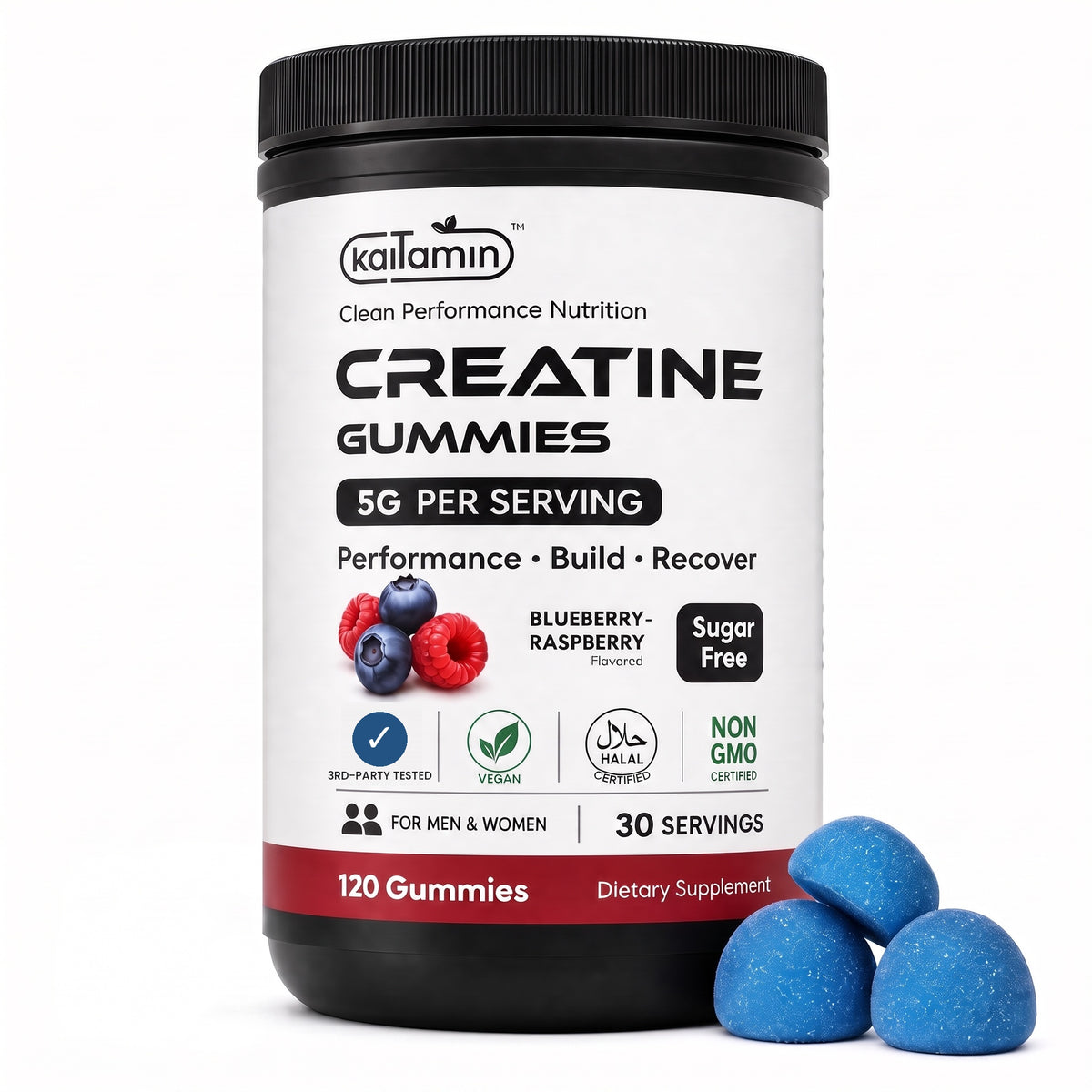 Kaitamin Creatine Gummies — 5g creatine monohydrate per serving, sugar-free blueberry-raspberry, 120 gummies