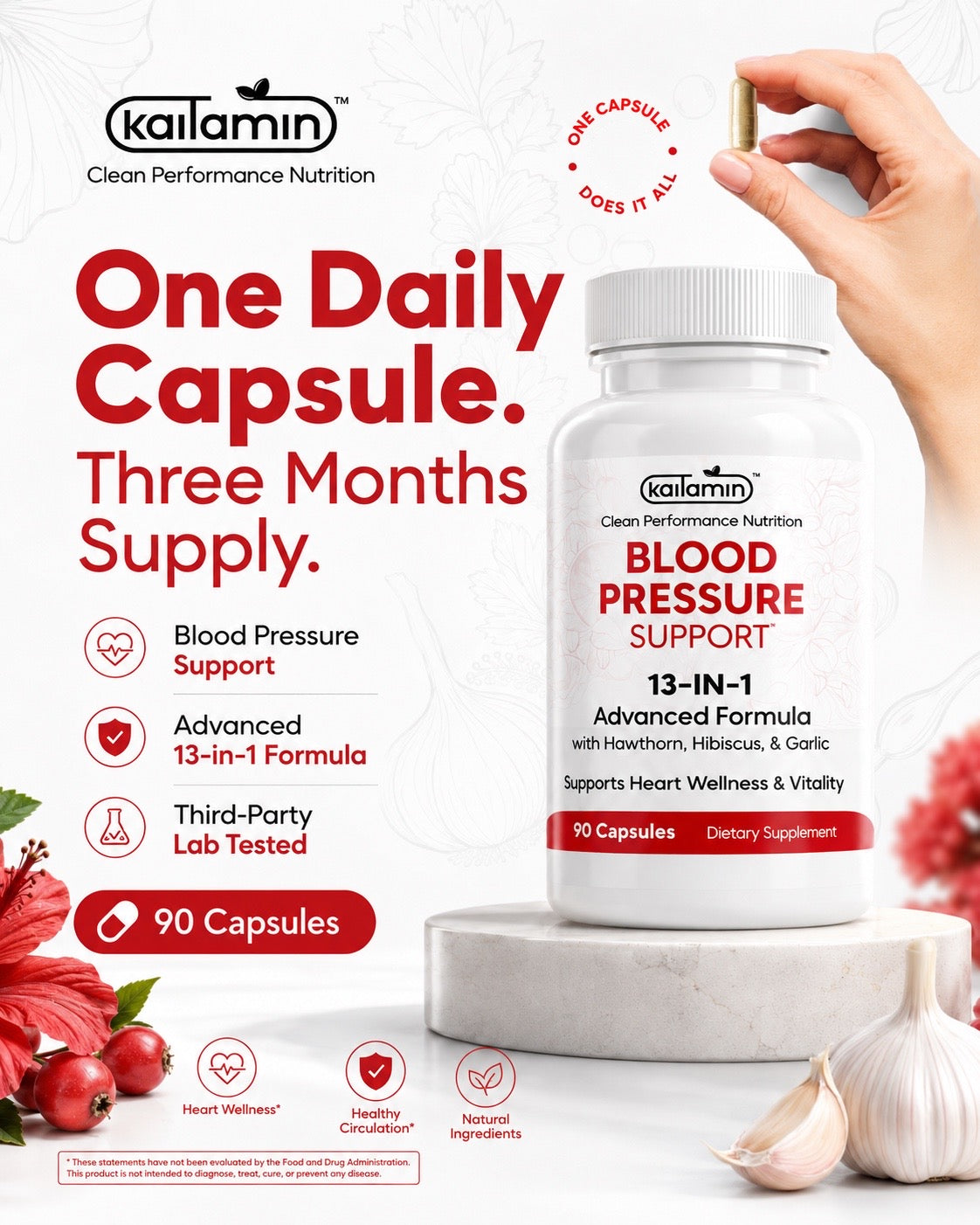 Kaitamin Blood Pressure Support - one daily capsule, three month supply infographic