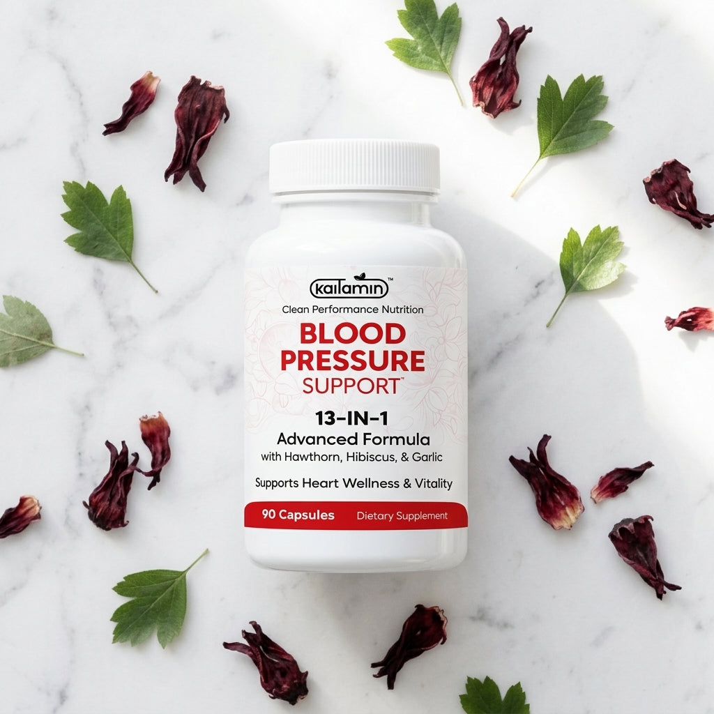 Kaitamin Blood Pressure Support with hibiscus petals flat lay