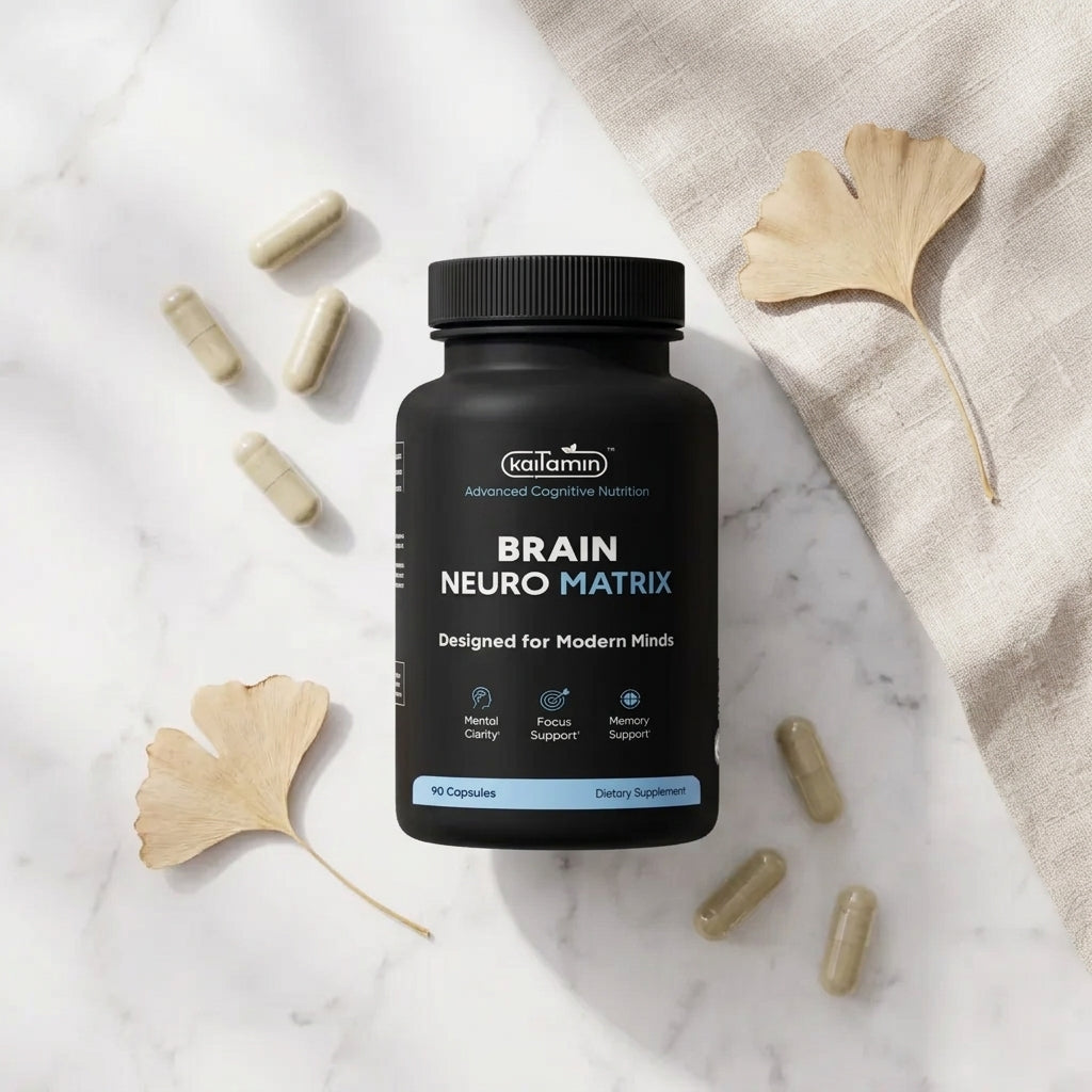 Kaitamin 3D Brain Neuro Matrix with ginkgo leaves on marble