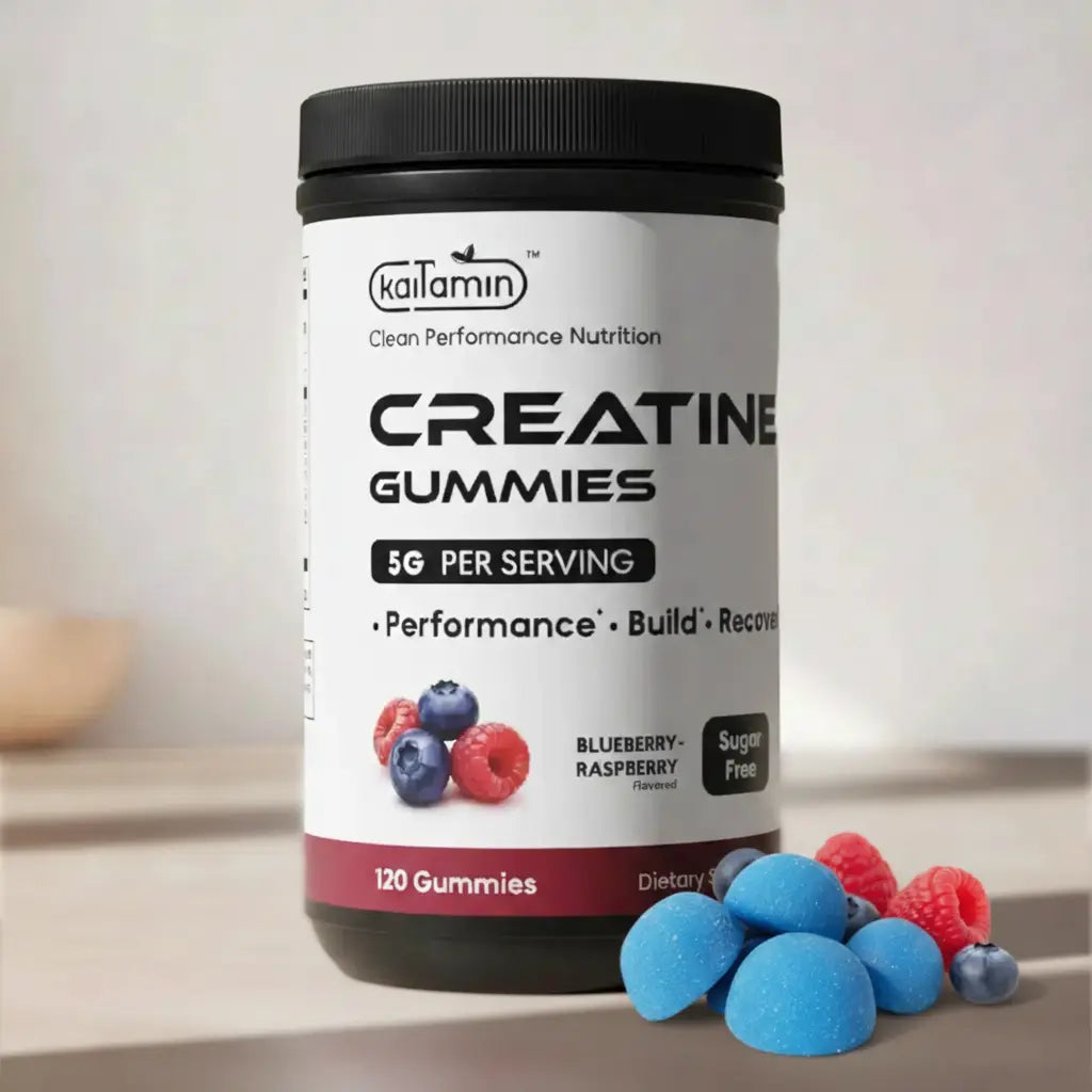 Kaitamin Creatine Gummies 5g jar on kitchen counter with gummies