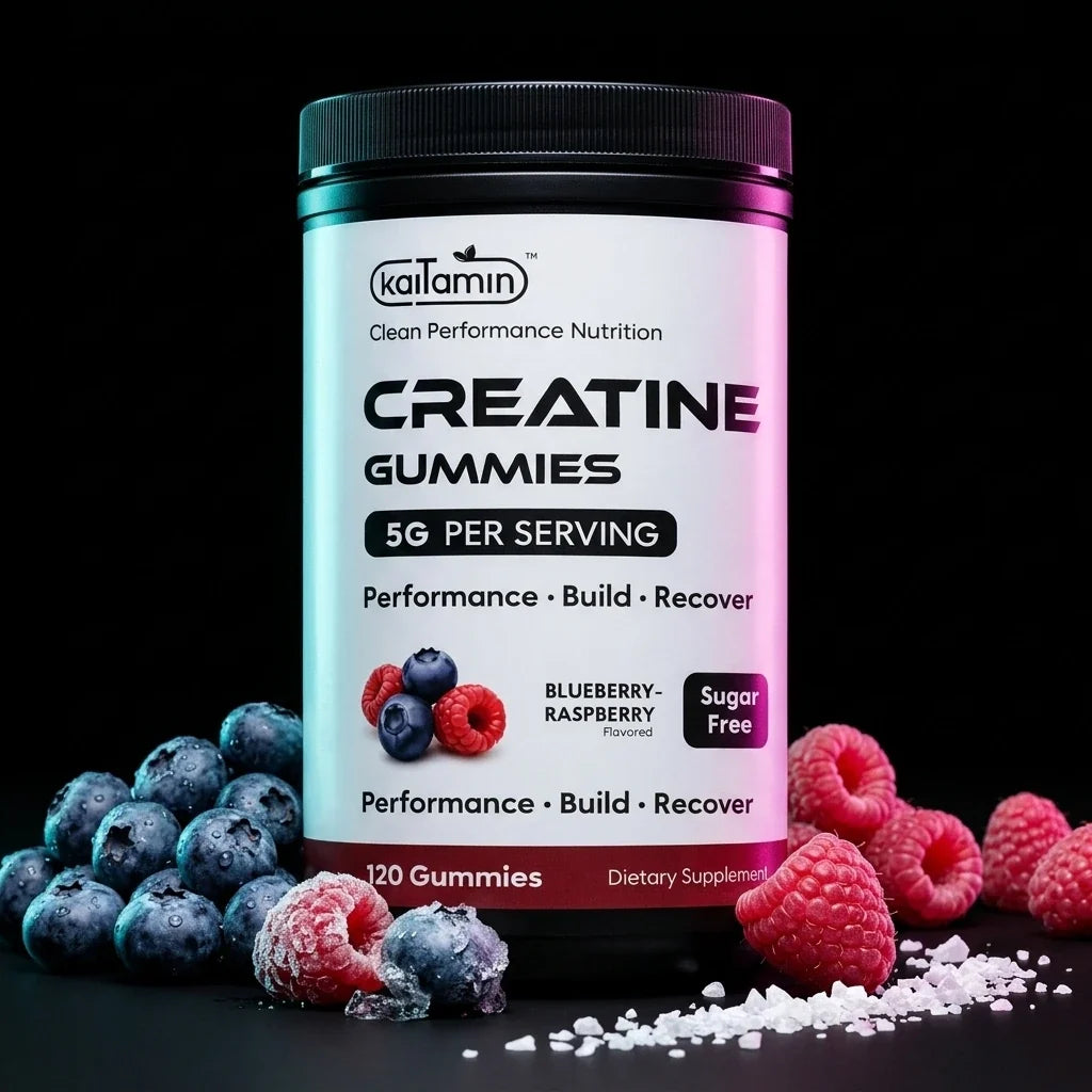 Kaitamin Creatine Gummies with frozen blueberries and raspberries
