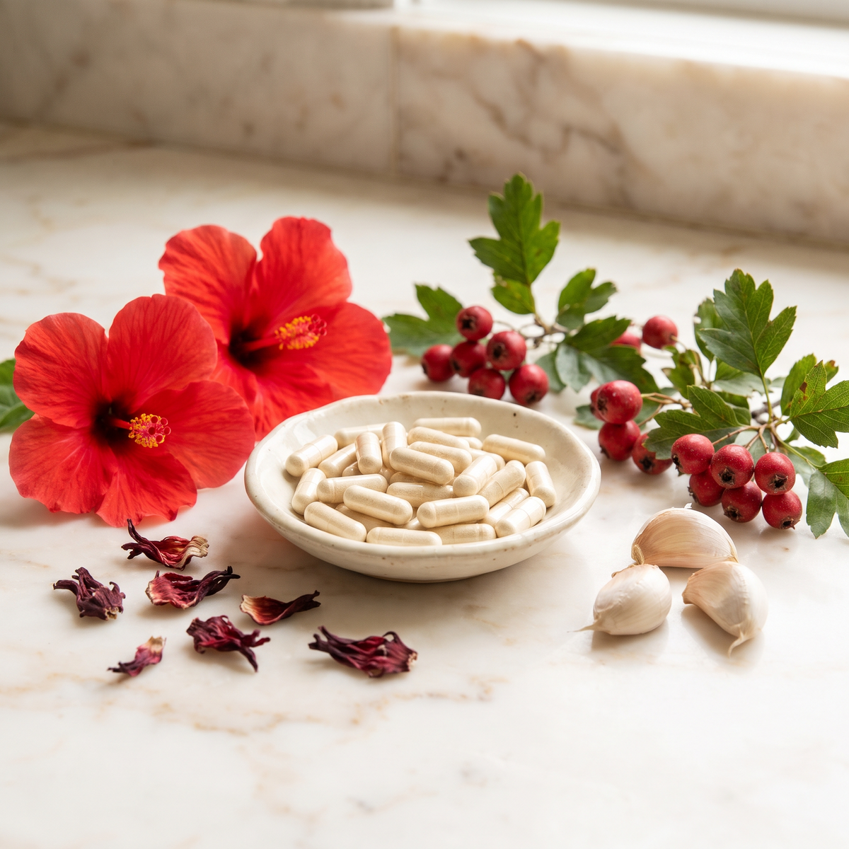 Kaitamin Hawthorn & Hibiscus Complex capsules with hibiscus flowers, hawthorn berries and garlic