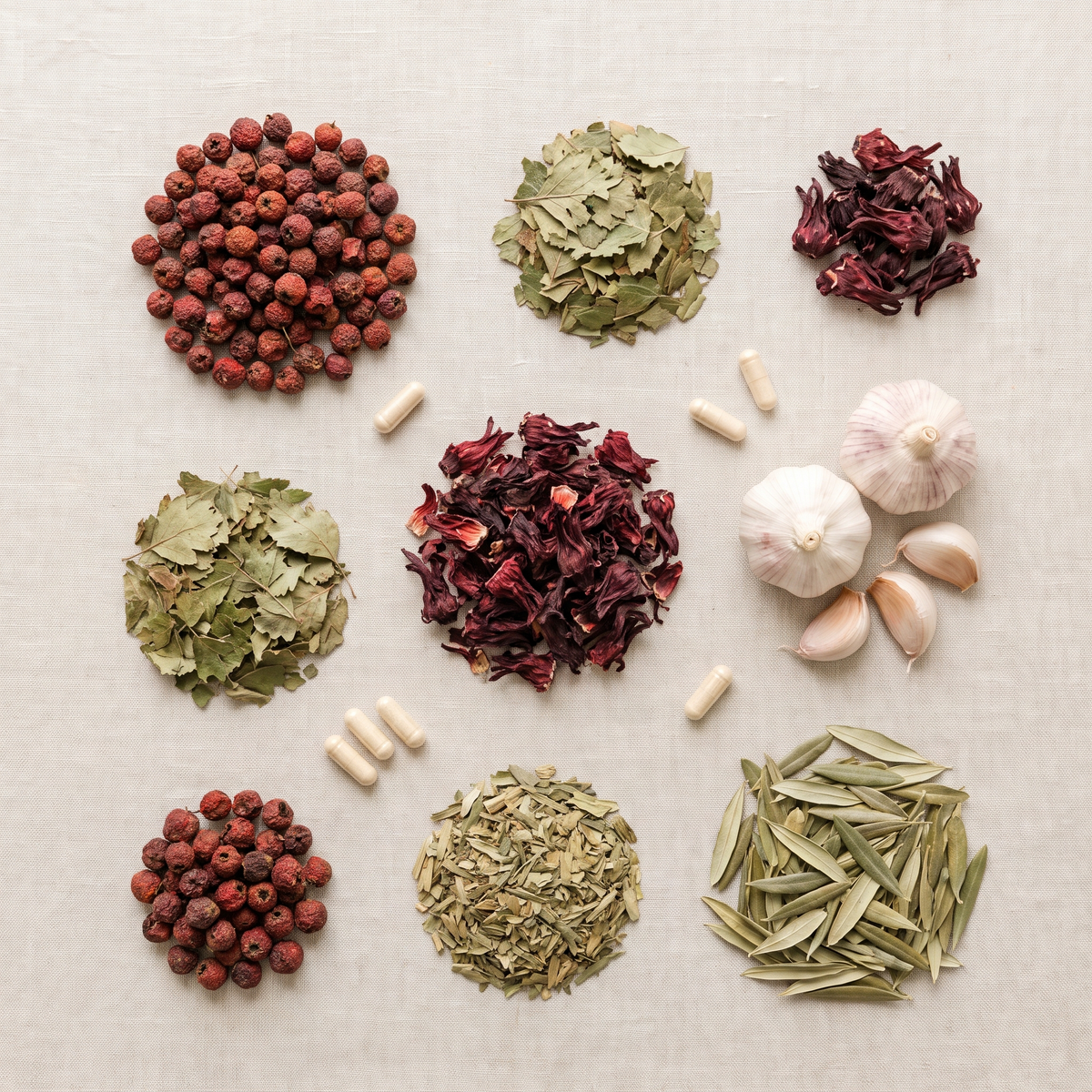 Hawthorn & Hibiscus Complex ingredients — hawthorn berries and leaves, hibiscus, garlic and olive leaf