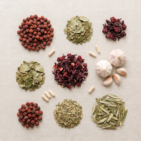 Hawthorn & Hibiscus Complex ingredients — hawthorn berries and leaves, hibiscus, garlic and olive leaf